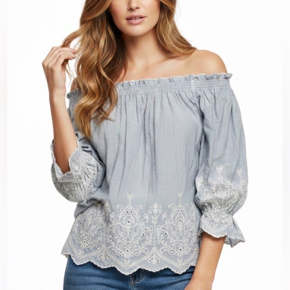 Stitch Tops - Stitch by Chenault Bluish Gray Romantic Off-Shoulder Lace Trim Boho Top - Size L